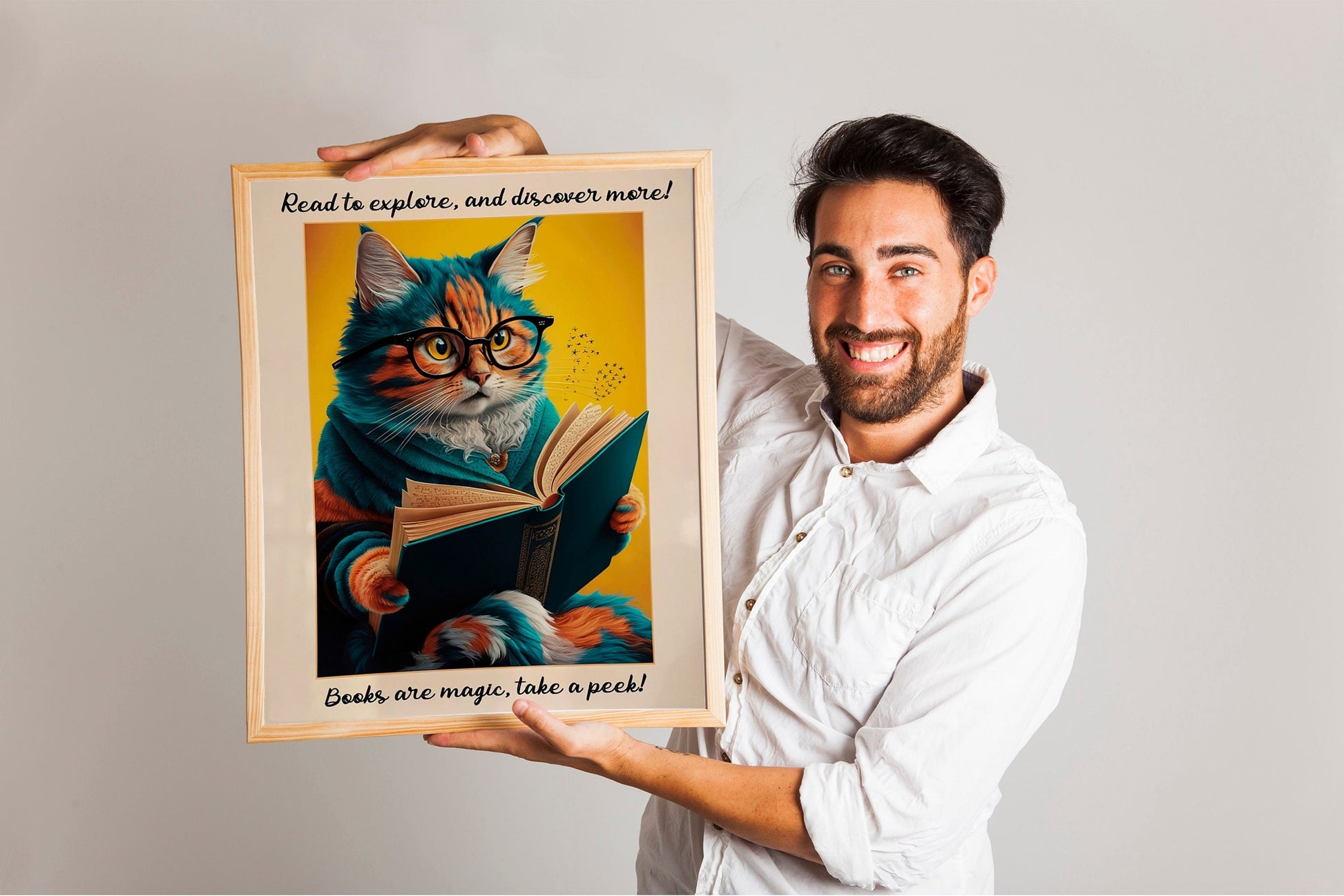 Retro Cat Poster, National Library Week Wall Art, Quirky Book Lover Decor, Fun Cat and Book Poster for Cozy Spaces.