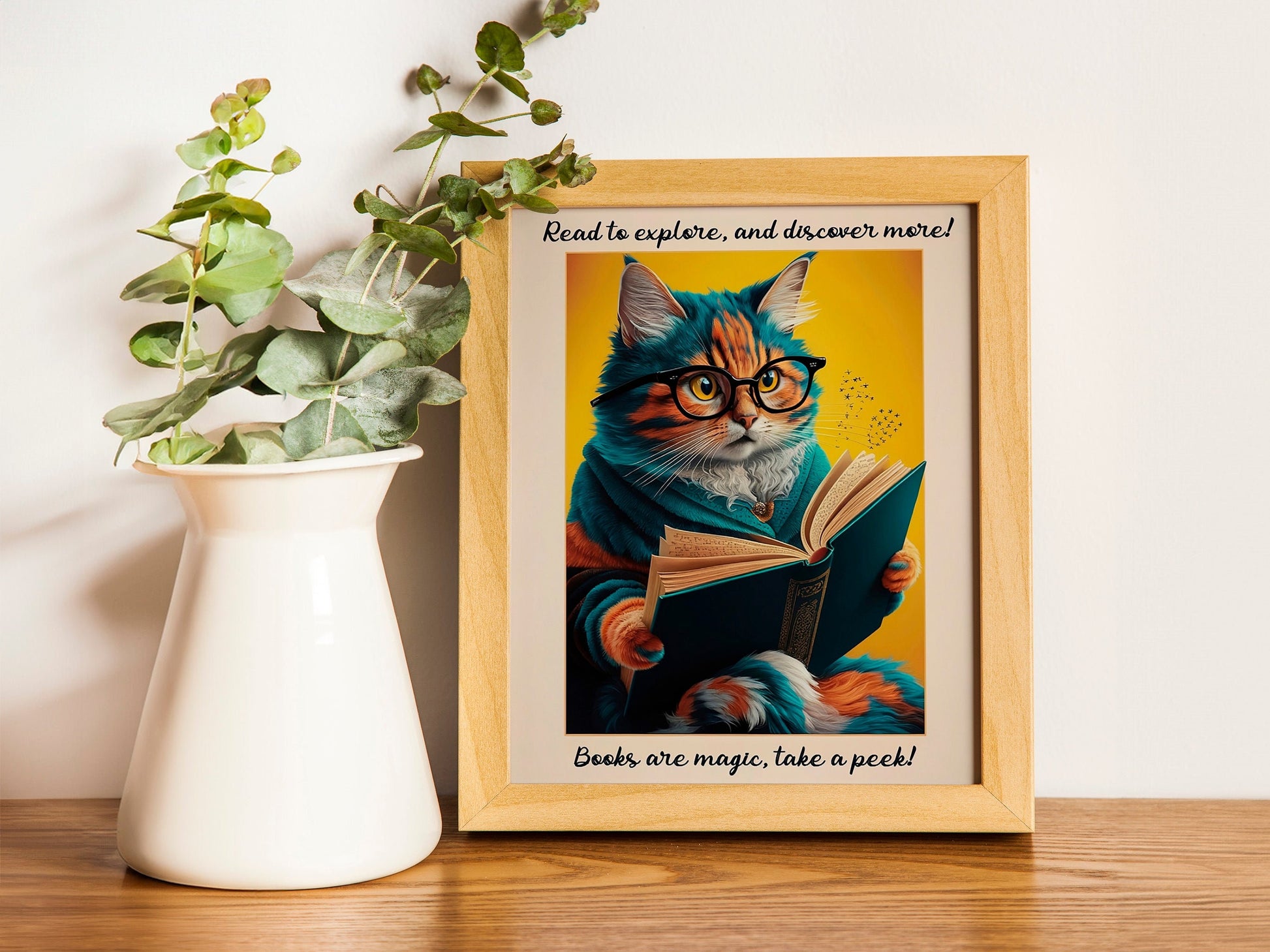 Retro Cat Poster, National Library Week Wall Art, Quirky Book Lover Decor, Fun Cat and Book Poster for Cozy Spaces.