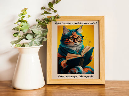 Retro Cat Poster, National Library Week Wall Art, Quirky Book Lover Decor, Fun Cat and Book Poster for Cozy Spaces.