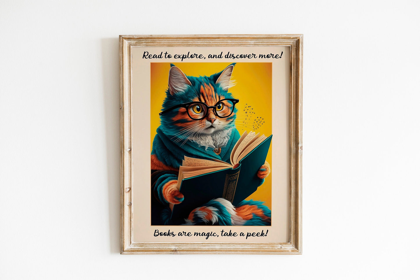 Retro Cat Poster, National Library Week Wall Art, Quirky Book Lover Decor, Fun Cat and Book Poster for Cozy Spaces.