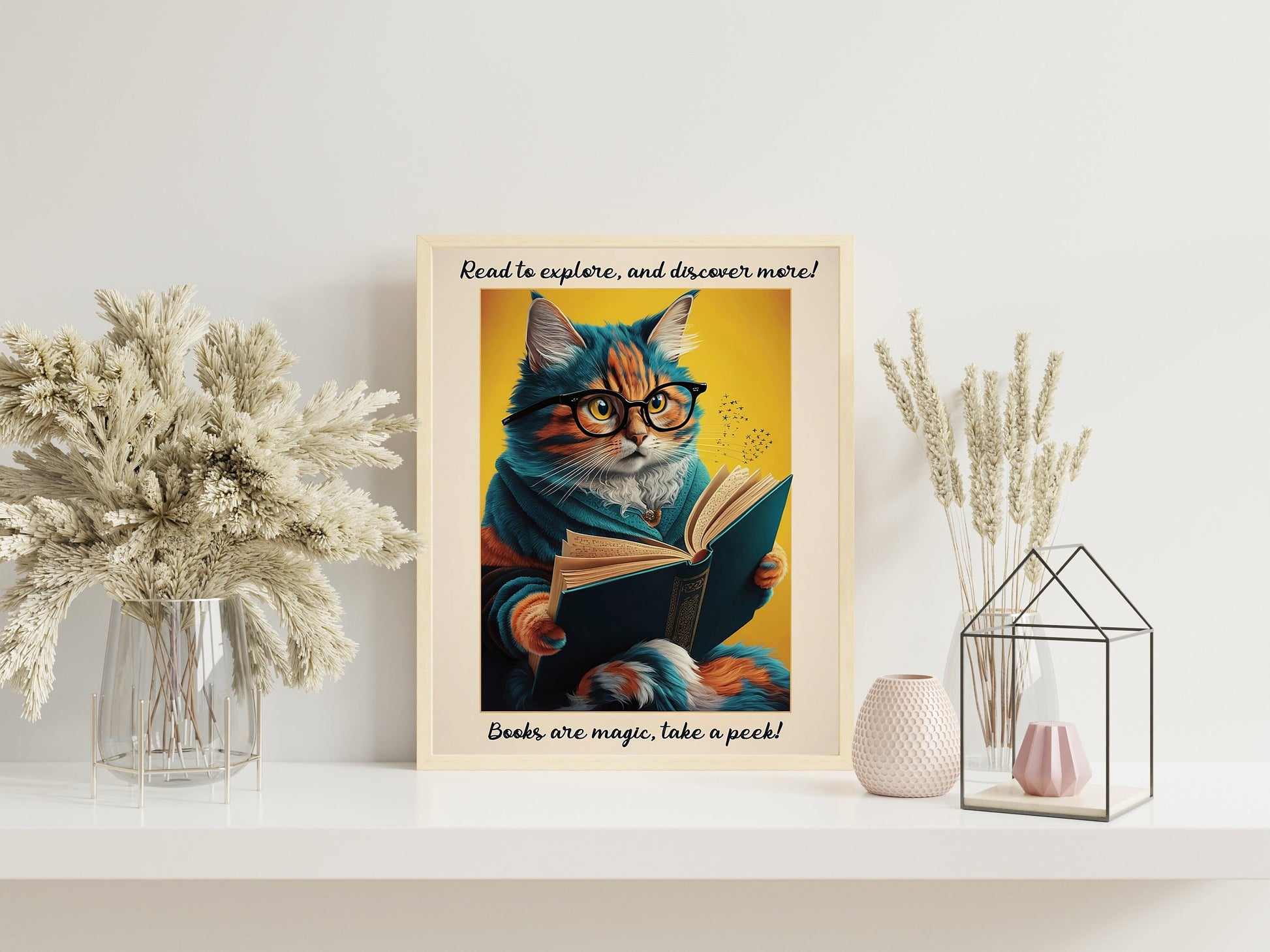 Retro Cat Poster, National Library Week Wall Art, Quirky Book Lover Decor, Fun Cat and Book Poster for Cozy Spaces.
