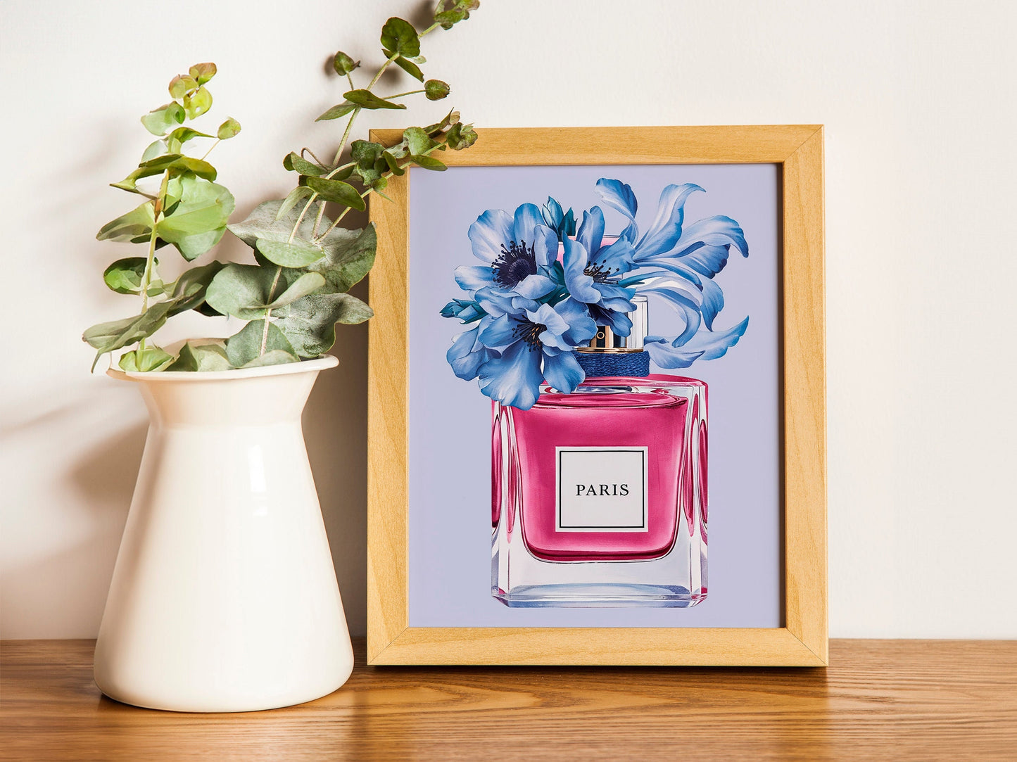 Perfume Print with Blue Peonies, Chic Fashion Poster for Glamorous Vanity Decor, Light Blue Fashion-Themed Wall Art, Modern wall art Set of