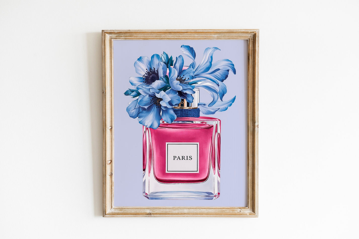 Perfume Print with Blue Peonies, Chic Fashion Poster for Glamorous Vanity Decor, Light Blue Fashion-Themed Wall Art, Modern wall art Set of