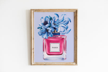 Perfume Print with Blue Peonies, Chic Fashion Poster for Glamorous Vanity Decor, Light Blue Fashion-Themed Wall Art, Modern wall art Set of