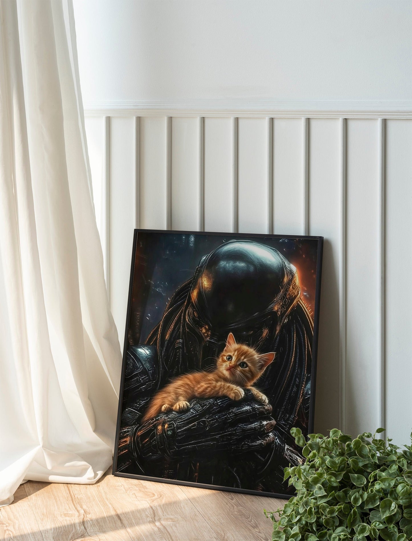Predator Alien with Jonesy Cat Art Print, Cute Horror Poster for Sci-Fi Fans, Fun Alien and Cat Illustration, Quirky Gift for Fans of Aliens