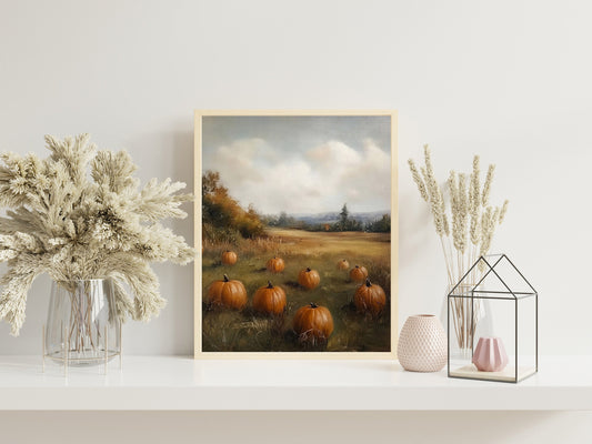 Pumpkin Field Vintage Painting, Cottage-Style Fall Wall Art for Cozy Home Decor, Rustic Autumn Wall Prints for a Warm and Inviting Space.