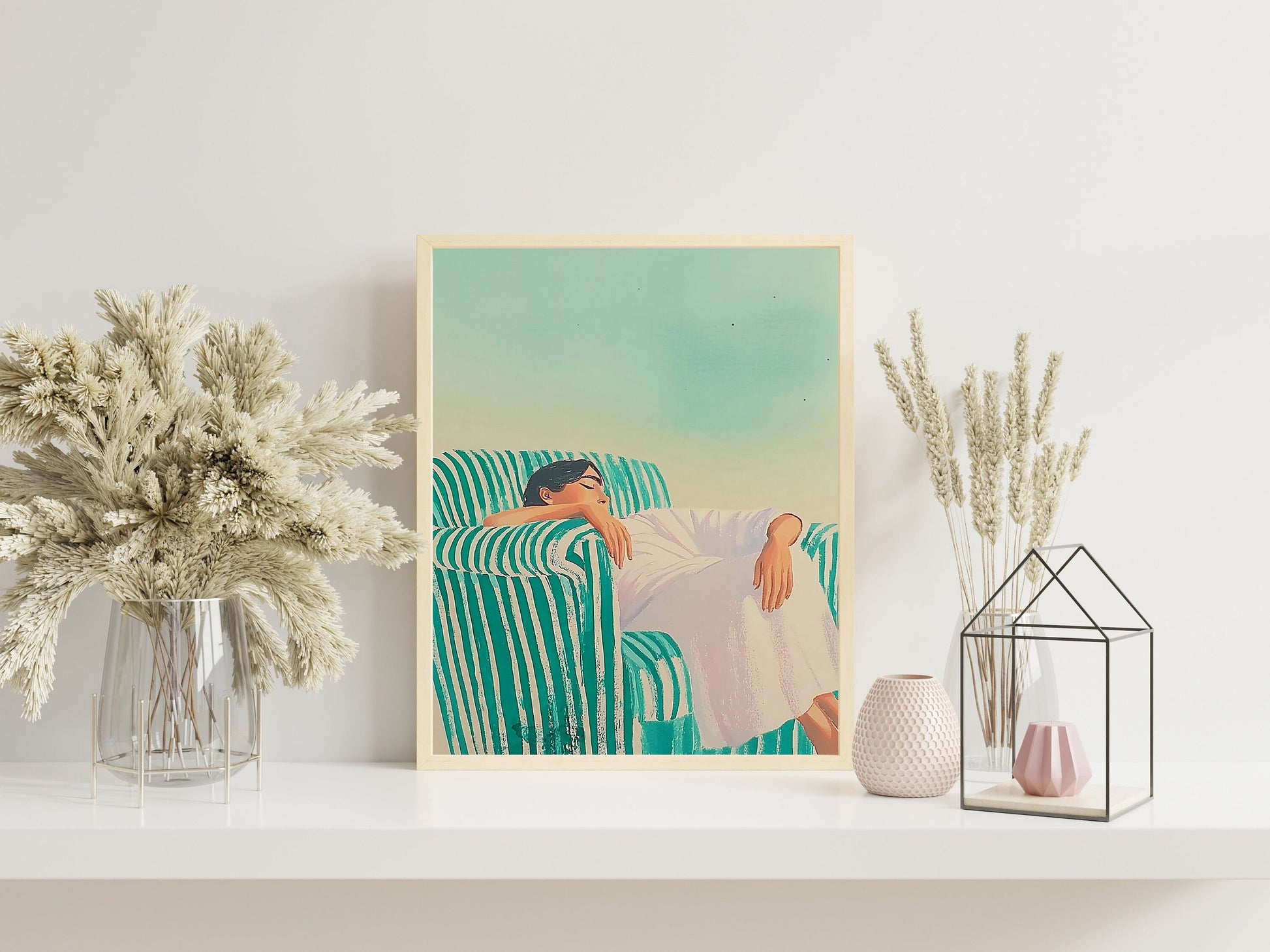 Minimalist Woman Illustration for Living Room Decor, Emerald Green Abstract People Print, Large Contemporary Wall Art, HighQuality Striped