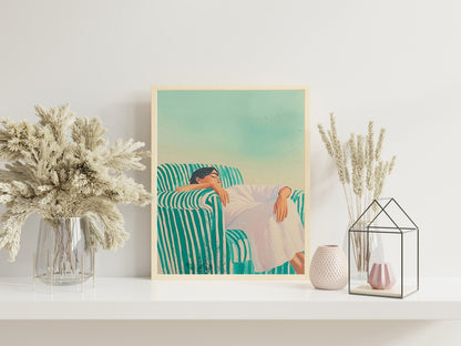 Minimalist Woman Illustration for Living Room Decor, Emerald Green Abstract People Print, Large Contemporary Wall Art, HighQuality Striped