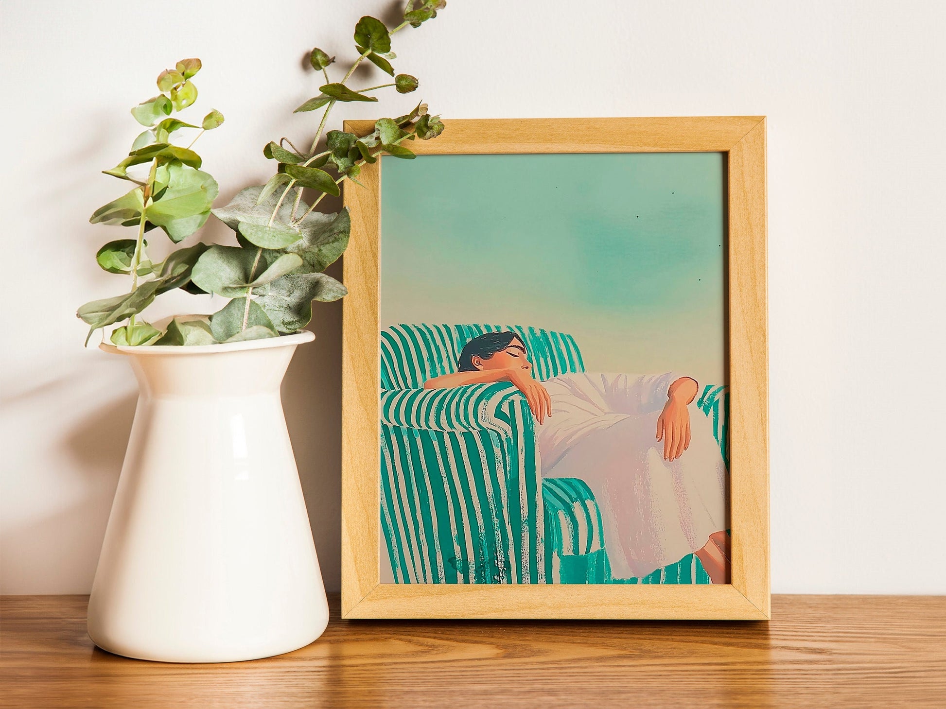 Minimalist Woman Illustration for Living Room Decor, Emerald Green Abstract People Print, Large Contemporary Wall Art, HighQuality Striped
