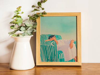 Minimalist Woman Illustration for Living Room Decor, Emerald Green Abstract People Print, Large Contemporary Wall Art, HighQuality Striped