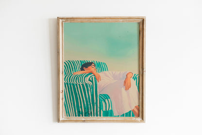 Minimalist Woman Illustration for Living Room Decor, Emerald Green Abstract People Print, Large Contemporary Wall Art, HighQuality Striped