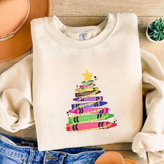 Crayons Christmas Tree shirt - Christmas Tree Kindergarten - Xmas Tree Crayon Hoodie - Trendy Christmas Shirt