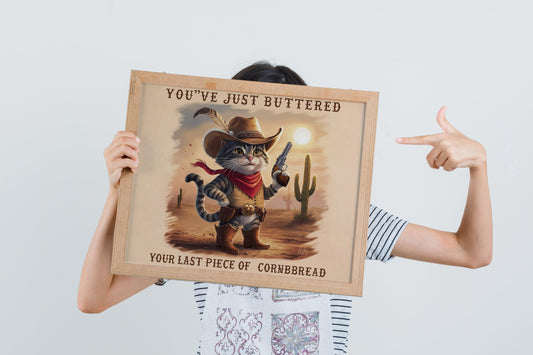 You've Just Buttered Your Last Cornbread, Yee'd Your Last Haw" Funny Cowboy Cat Shirt, Trendy Animal Tee with Sarcastic Western Cat Design.