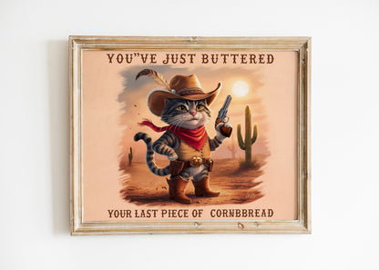 You've Just Buttered Your Last Cornbread, Yee'd Your Last Haw" Funny Cowboy Cat Shirt, Trendy Animal Tee with Sarcastic Western Cat Design.