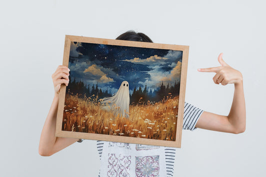 Enchanted Forest Meadow Ghost Print, Whimsical Halloween Decor, Fall Season Wall Art, Charming and Spooky Wall Art for a Magical Home