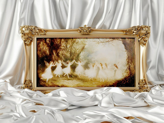 Fairy Dance Print, Vintage Fairytale Aesthetic Art featuring Woodland Fairies. Perfect for Dark Academia, Cottagecore Wall Art, and Antique