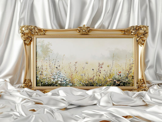 Wildflowers Field Vintage Oil Painting Print, Long Horizontal Spring Landscape Art, Panoramic Canvas for Wall, Pastoral Vintage Artwork for