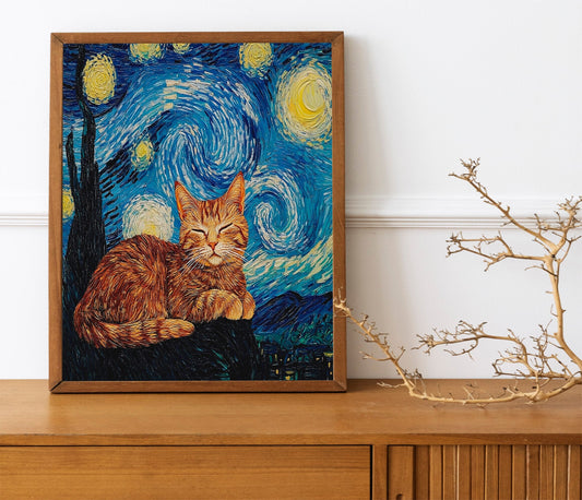 Vincent Van Gogh Cat Print, The Starry NightInspired Funny Black Cat Art, Humorous Cat Poster for Van Gogh Fans, Quirky Home Decor Gift Idea