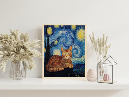 Vincent Van Gogh Cat Print, The Starry NightInspired Funny Black Cat Art, Humorous Cat Poster for Van Gogh Fans, Quirky Home Decor Gift Idea