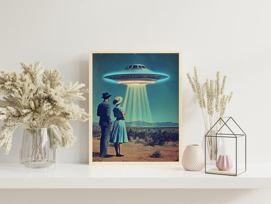 Desert Vacation UFO Poster, 1950s Inspired Mid-Century UFO Sighting Art, Atomic Age Sci-Fi Print for Retro Wall Decor, HighQuality Space Art