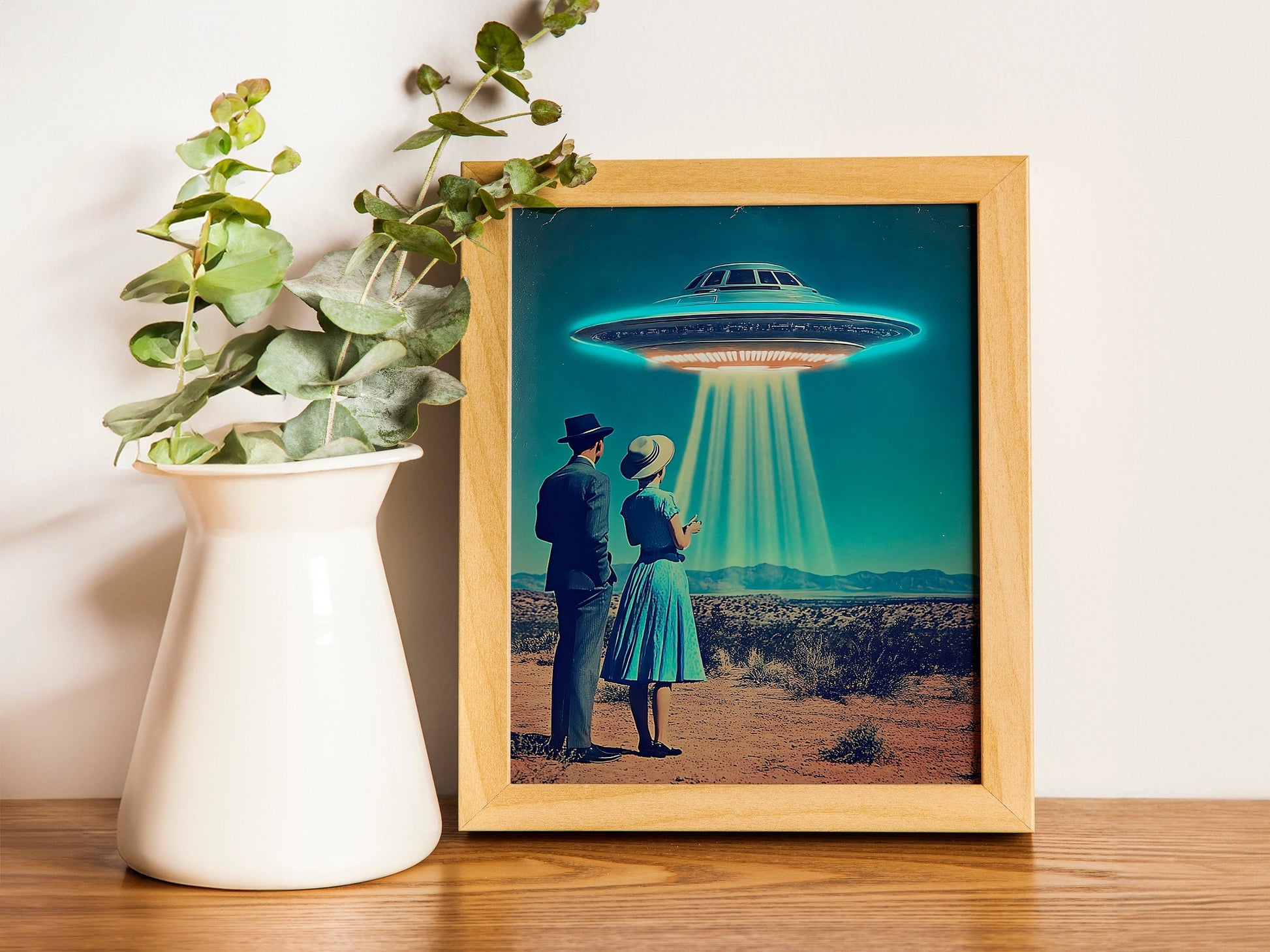 Desert Vacation UFO Poster, 1950s Inspired Mid-Century UFO Sighting Art, Atomic Age Sci-Fi Print for Retro Wall Decor, HighQuality Space Art