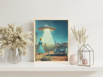 UFO Desert SciFi Wall Art, Girly Retro Alien Poster for Aesthetic Room Decor, Fun Printable Wall Art for Eclectic Spaces, HighQuality Print.