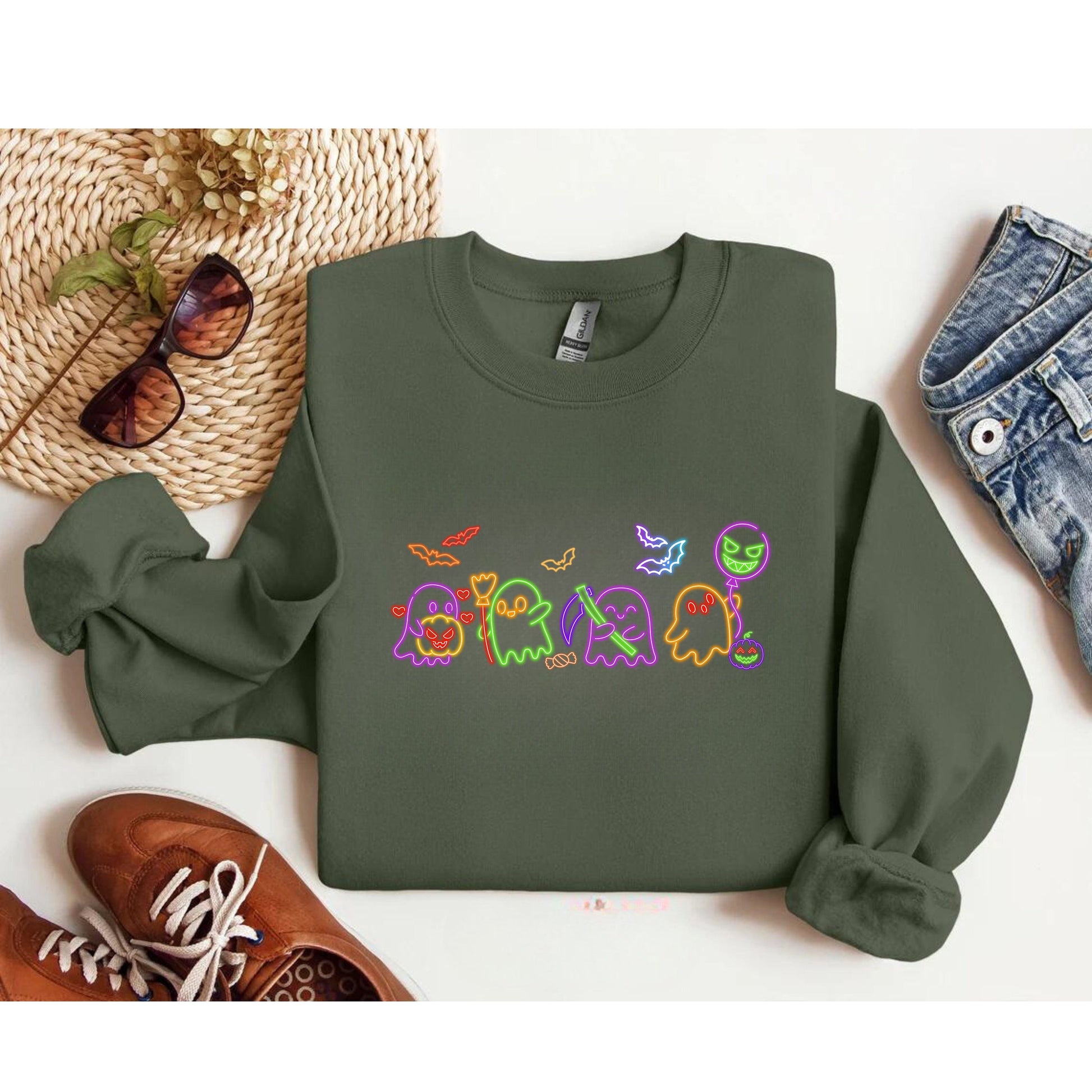 Halloween Neon Ghost Shirt - Halloween Ghost Shirt - Neon Lights Ghost Sweatshirt - Trendy Halloween Shirt