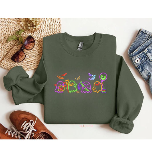 Halloween Neon Ghost Shirt - Halloween Ghost Shirt - Neon Lights Ghost Sweatshirt - Trendy Halloween Shirt