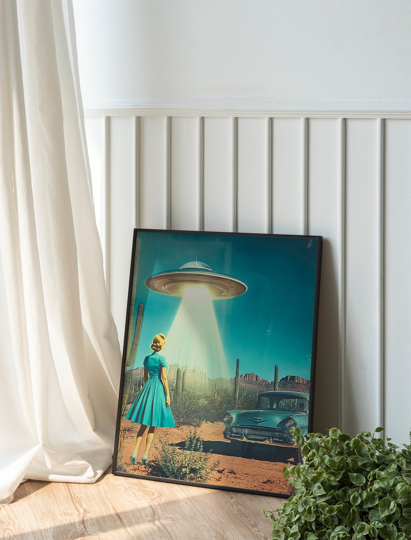 UFO Desert SciFi Wall Art, Girly Retro Alien Poster for Aesthetic Room Decor, Fun Printable Wall Art for Eclectic Spaces, HighQuality Print.