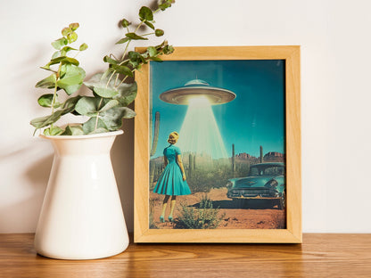 UFO Desert SciFi Wall Art, Girly Retro Alien Poster for Aesthetic Room Decor, Fun Printable Wall Art for Eclectic Spaces, HighQuality Print.