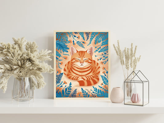 Ginger Cat and Floral Nursery Print, Playful Orange Kitten Art for Kids’ Rooms, Whimsical Animal Illustration for Baby Nursery Wall Decor