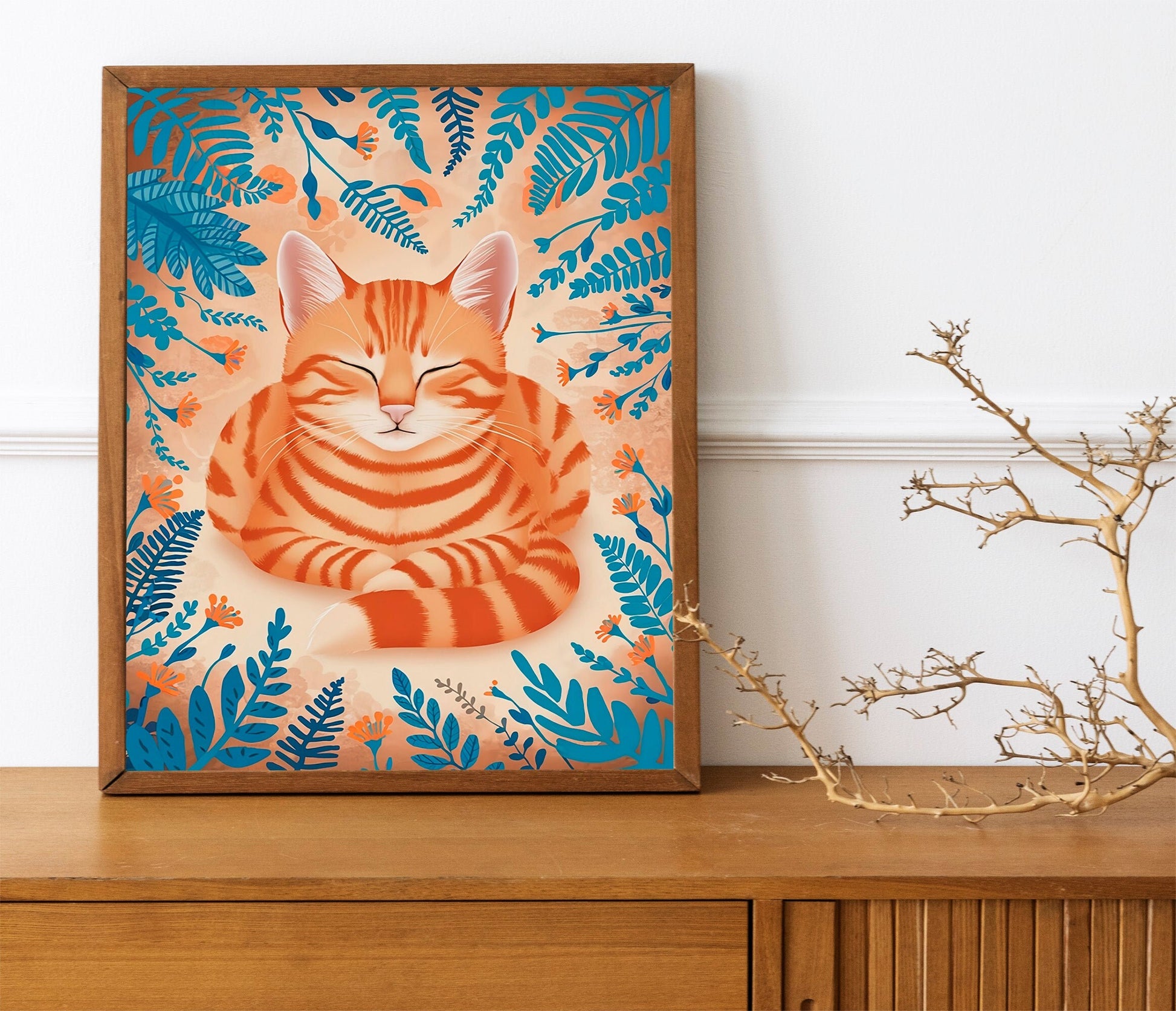 Ginger Cat and Floral Nursery Print, Playful Orange Kitten Art for Kids’ Rooms, Whimsical Animal Illustration for Baby Nursery Wall Decor