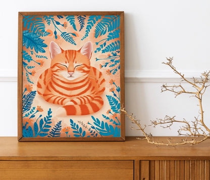 Ginger Cat and Floral Nursery Print, Playful Orange Kitten Art for Kids’ Rooms, Whimsical Animal Illustration for Baby Nursery Wall Decor