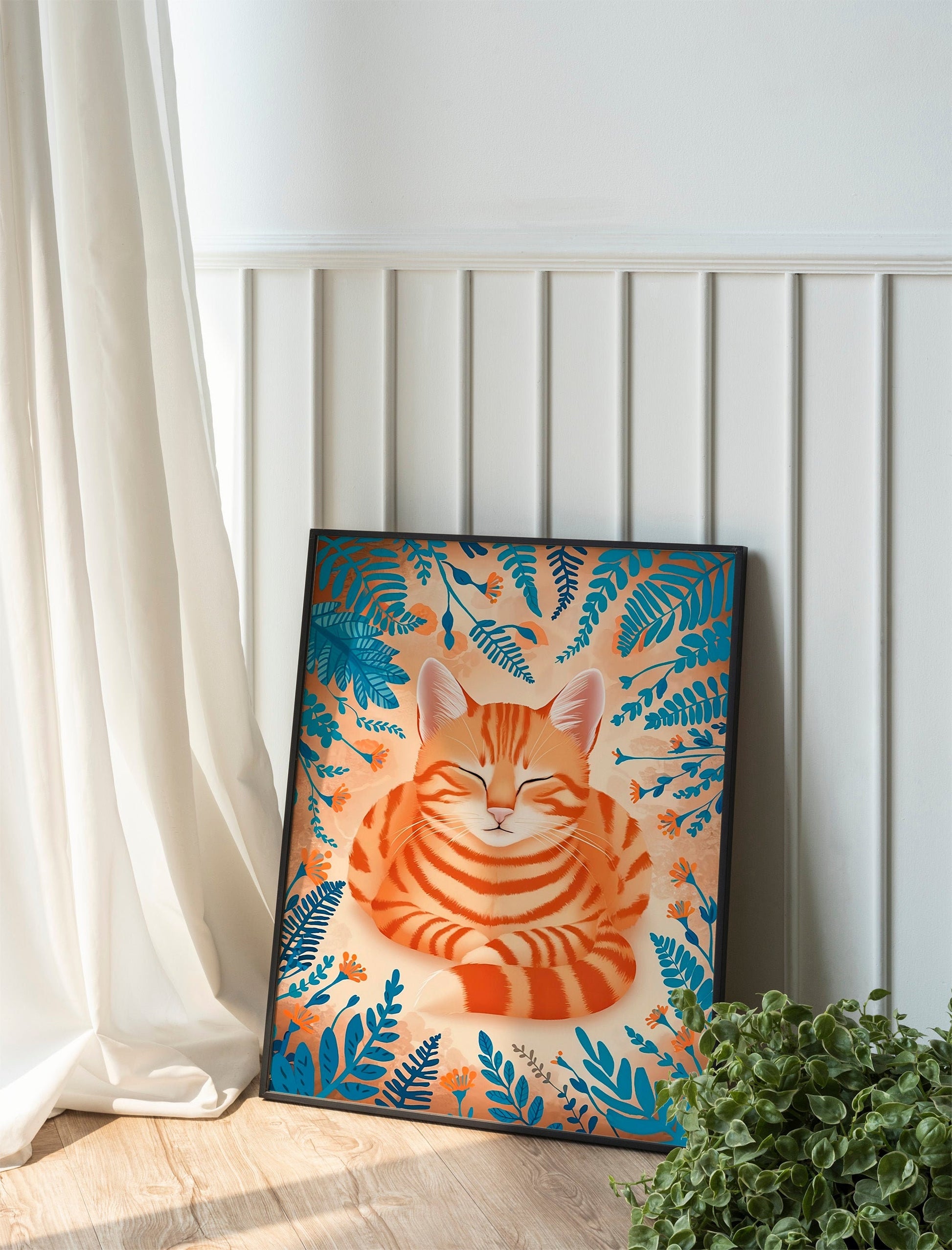 Ginger Cat and Floral Nursery Print, Playful Orange Kitten Art for Kids’ Rooms, Whimsical Animal Illustration for Baby Nursery Wall Decor