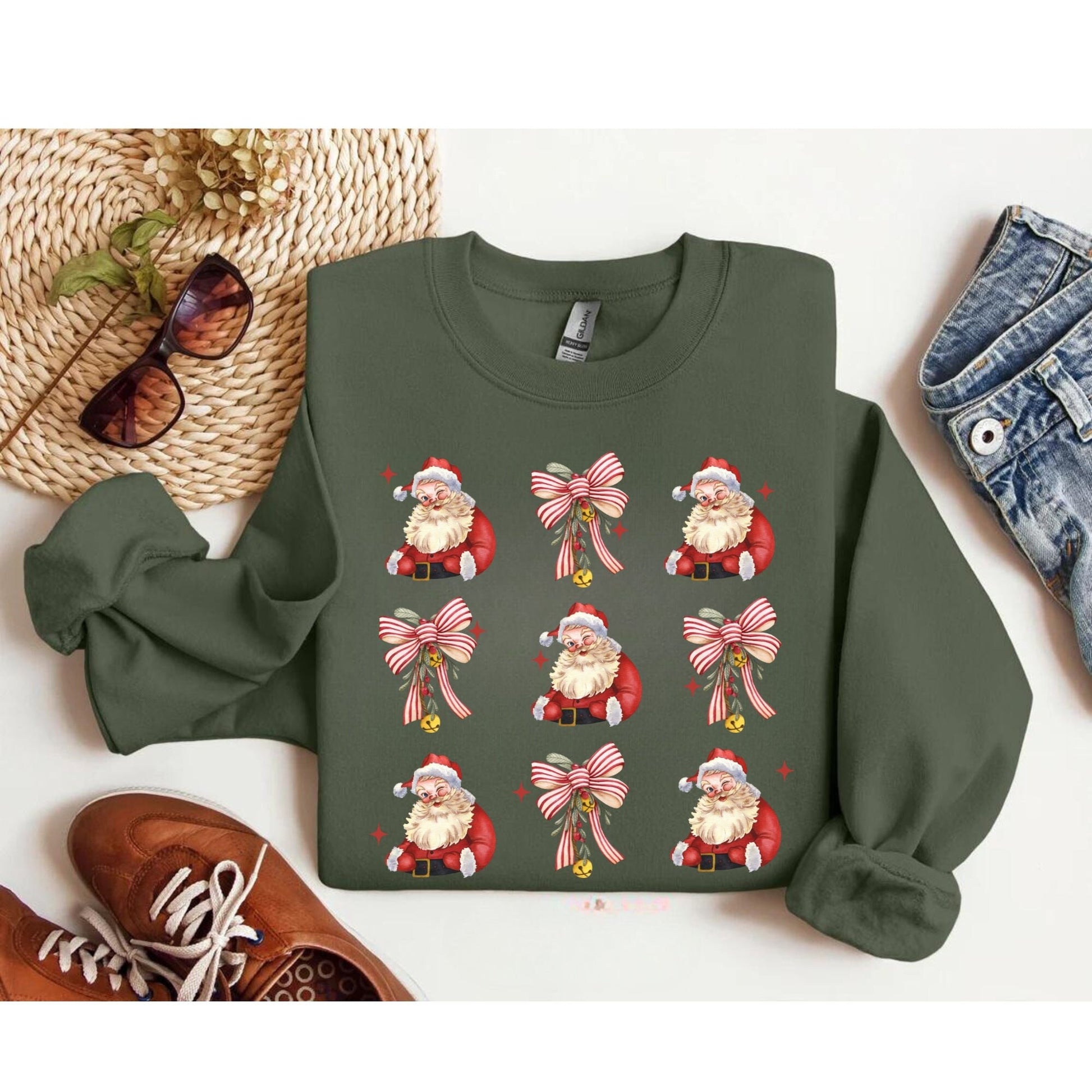 Christmas Santa and Coquette Bow - Cute Santa Tee - Christmas Shirt Design - Trendy Christmas Shirt