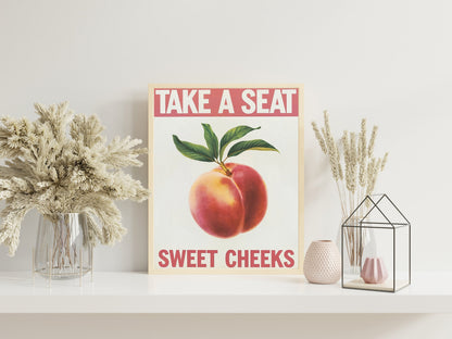 Take a Seat Sweet Cheeks" Bathroom Poster, Funny Toilet Printable Art, Retro Bathroom Decor with Peach Illustration, Quirky Wall Art for