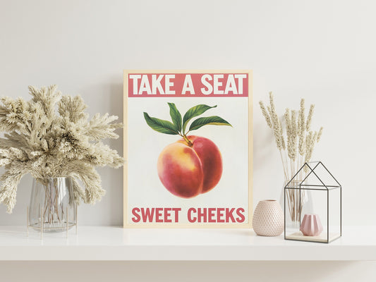 Take a Seat Sweet Cheeks" Bathroom Poster, Funny Toilet Printable Art, Retro Bathroom Decor with Peach Illustration, Quirky Wall Art for