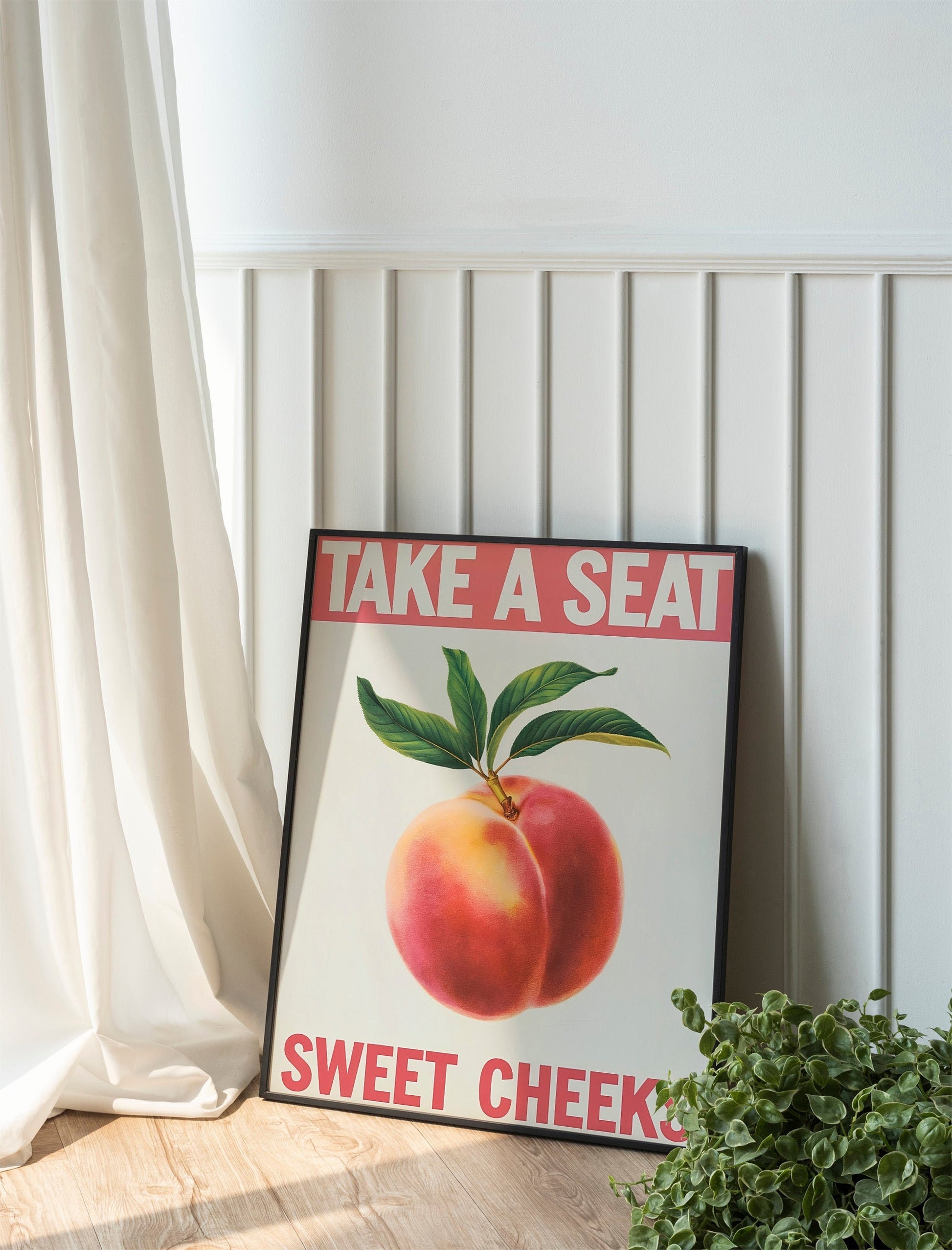 Take a Seat Sweet Cheeks" Bathroom Poster, Funny Toilet Printable Art, Retro Bathroom Decor with Peach Illustration, Quirky Wall Art for