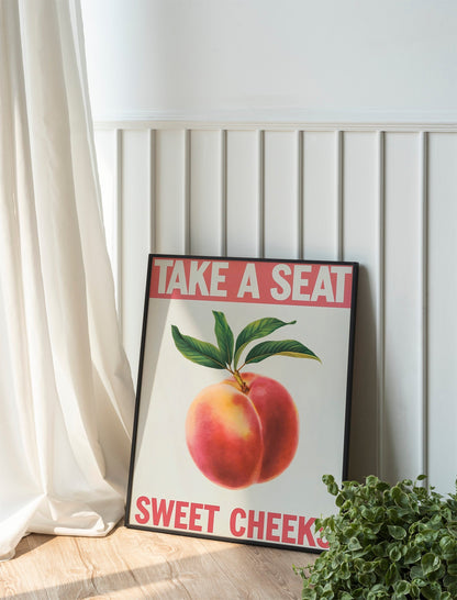 Take a Seat Sweet Cheeks" Bathroom Poster, Funny Toilet Printable Art, Retro Bathroom Decor with Peach Illustration, Quirky Wall Art for