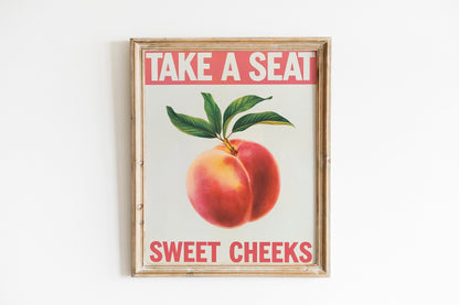 Take a Seat Sweet Cheeks" Bathroom Poster, Funny Toilet Printable Art, Retro Bathroom Decor with Peach Illustration, Quirky Wall Art for