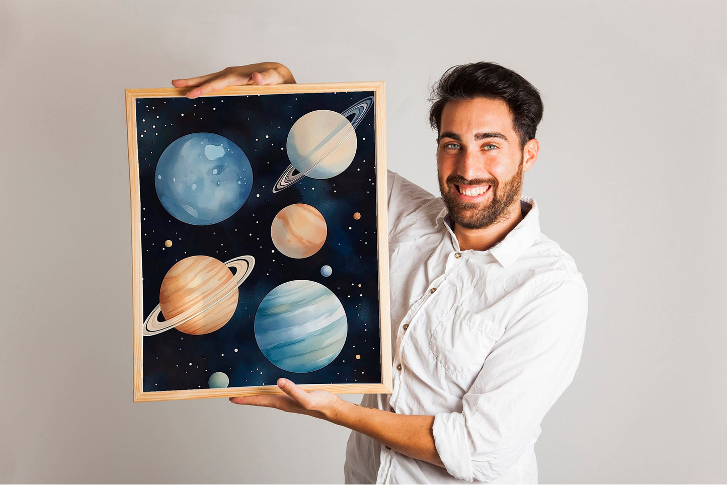 Space Kids Room Prints, Astronaut and Planets Wall Art Set of three for Outer SpaceThemed Rooms, Fun Watercolor Rocket Posters for Trendy