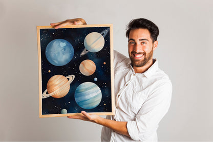 Space Kids Room Prints, Astronaut and Planets Wall Art Set of three for Outer SpaceThemed Rooms, Fun Watercolor Rocket Posters for Trendy