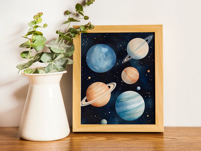Space Kids Room Prints, Astronaut and Planets Wall Art Set of three for Outer SpaceThemed Rooms, Fun Watercolor Rocket Posters for Trendy