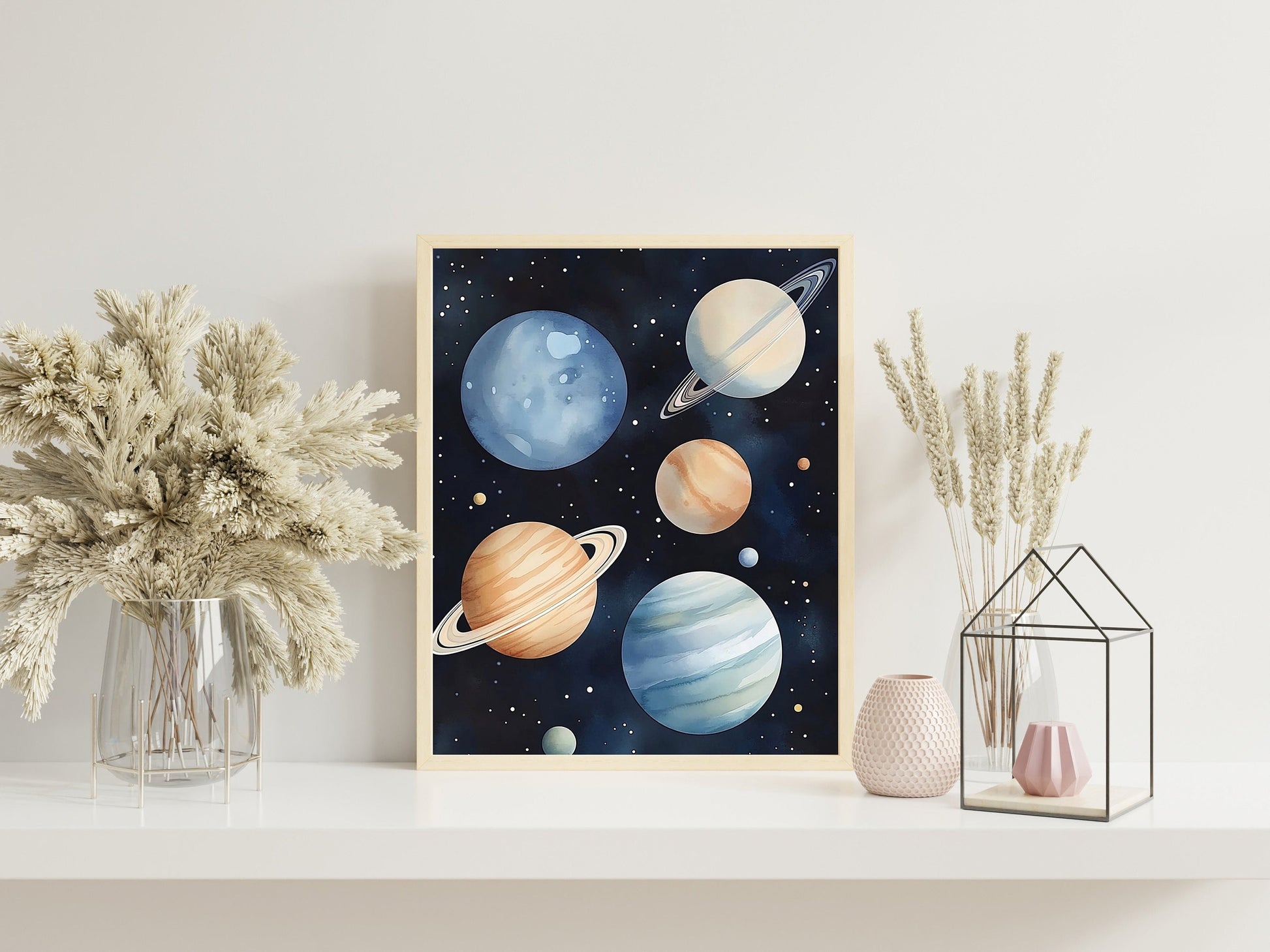Space Kids Room Prints, Astronaut and Planets Wall Art Set of three for Outer SpaceThemed Rooms, Fun Watercolor Rocket Posters for Trendy