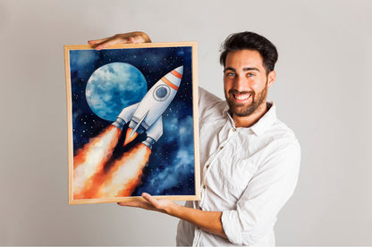 Space Kids Room Prints, Astronaut and Planets Wall Art Set of three for Outer SpaceThemed Rooms, Fun Watercolor Rocket Posters for Trendy