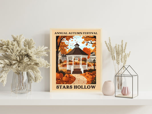 Set of two, Stars Hollow Poster, Flat Illustration Print Inspired by Gilmore Girls, Cute Window Shop Scene, FallThemed Art for Cozy