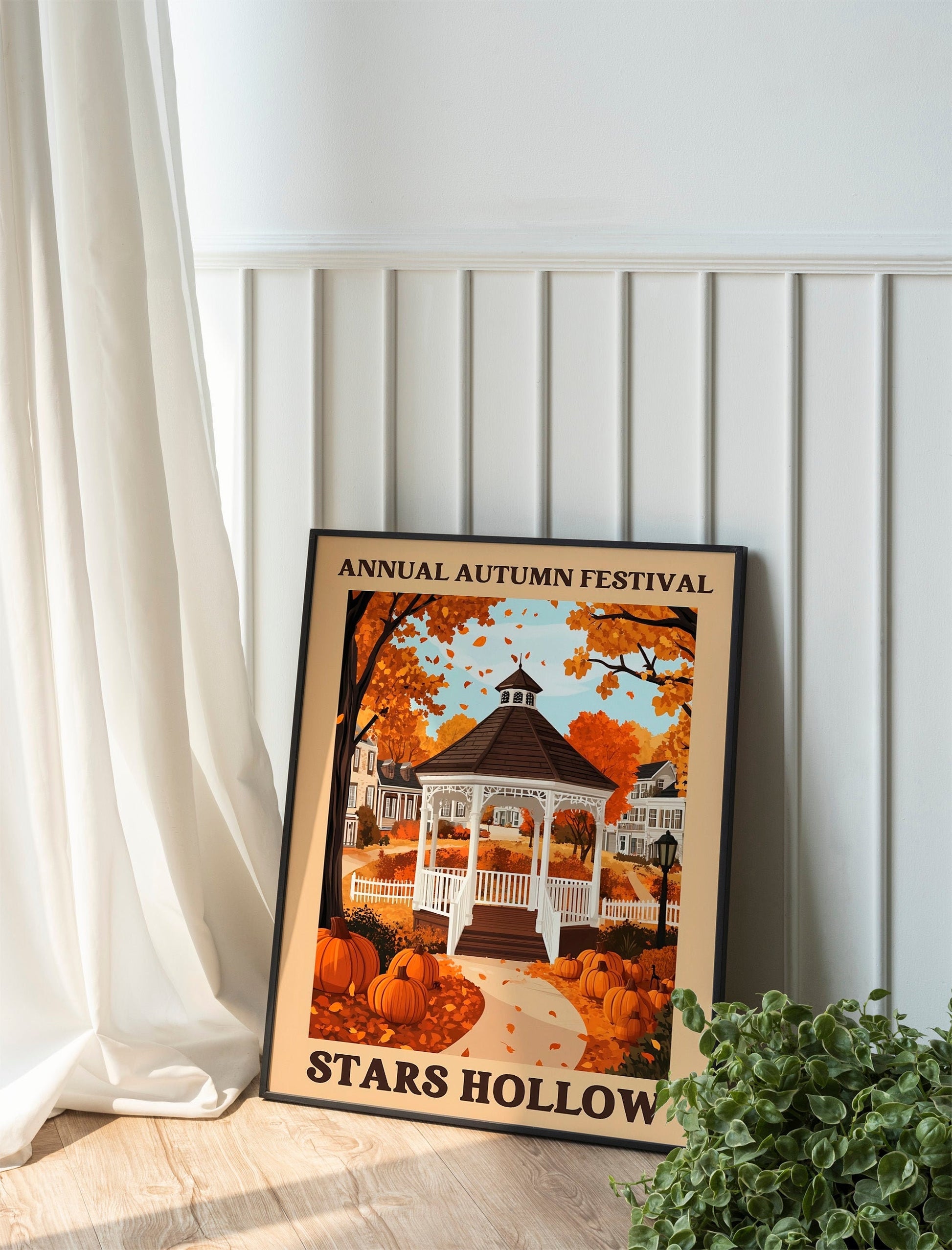 Set of two, Stars Hollow Poster, Flat Illustration Print Inspired by Gilmore Girls, Cute Window Shop Scene, FallThemed Art for Cozy