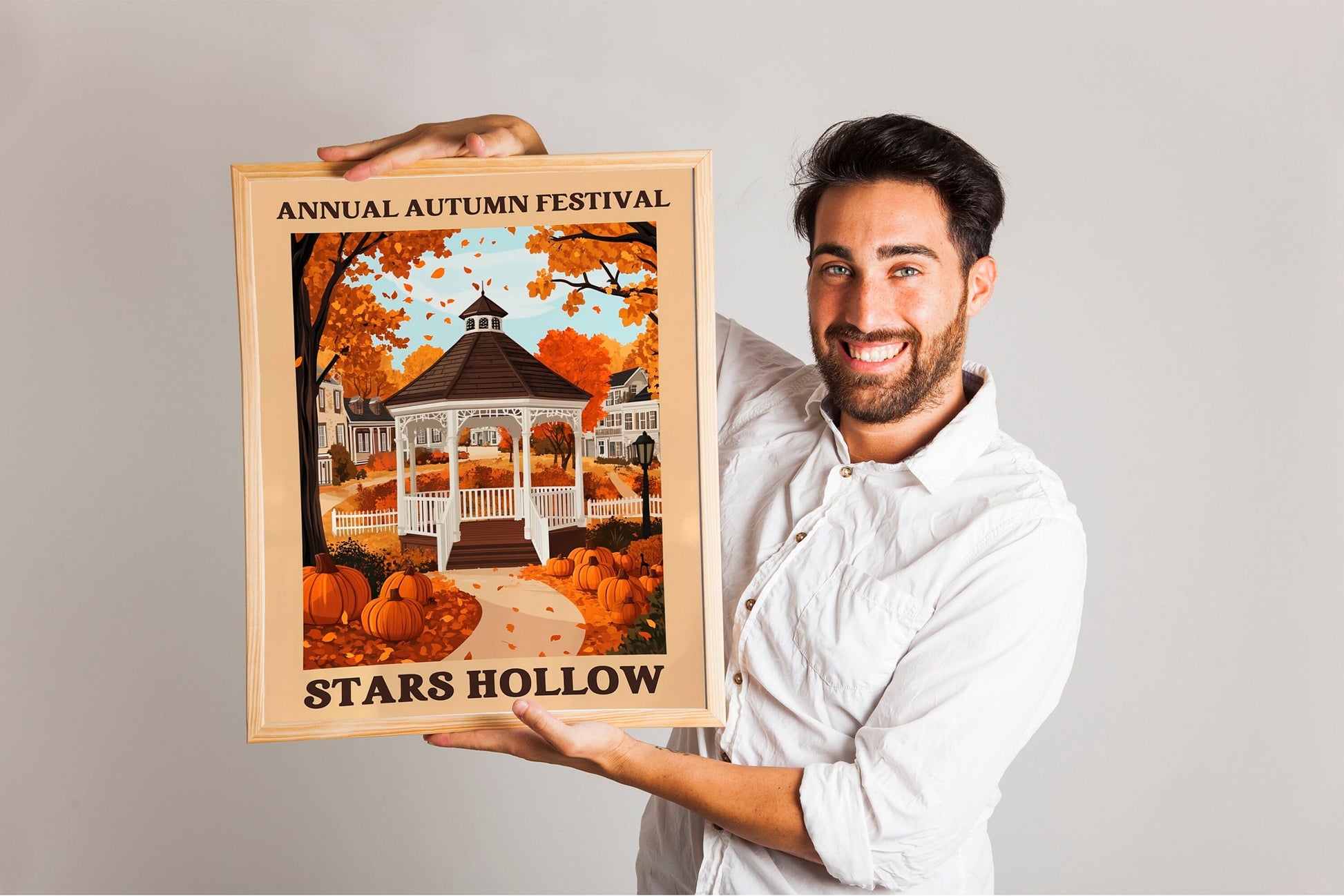 Set of two, Stars Hollow Poster, Flat Illustration Print Inspired by Gilmore Girls, Cute Window Shop Scene, FallThemed Art for Cozy