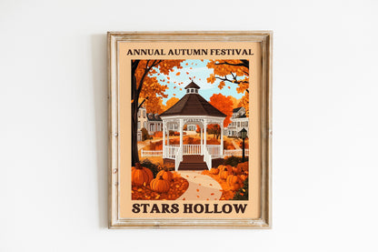 Set of two, Stars Hollow Poster, Flat Illustration Print Inspired by Gilmore Girls, Cute Window Shop Scene, FallThemed Art for Cozy