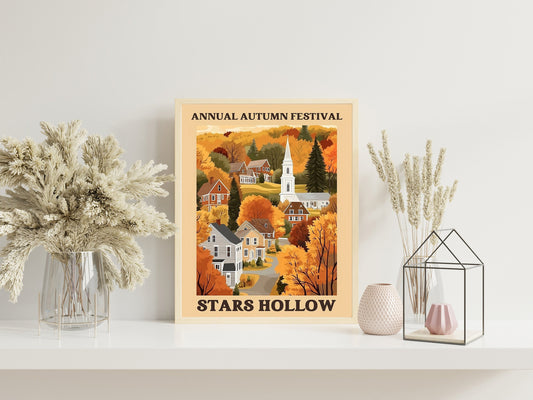 Set of two Stars Hollow Poster, Flat Illustration Print Inspired by Gilmore Girls, Cute Window Shop Scene, FallThemed Art for Cozy Seasonal
